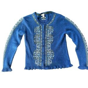 Sundance Women’s M Blue Embroidered Wool Cardigan Ruffle Trim Boho
